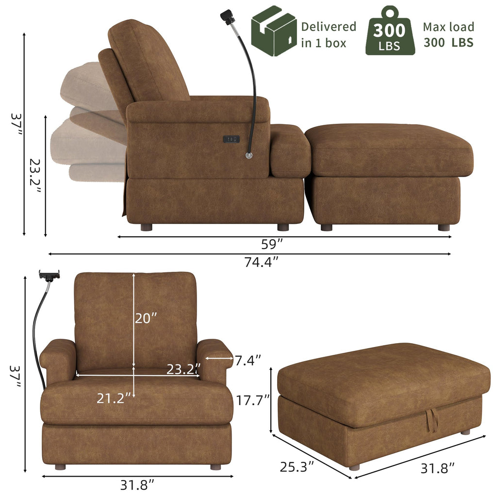 EJUNQ 66.5" Oversized Chaise Lounge Chair Indoorï¼Cozy Sofa Bed with Phone Holder and USB Chargerï¼Upholstered Deep Seat Sleeper Sofa Bedï¼Comfy Single Sofa Armchair for Living Room, Grey