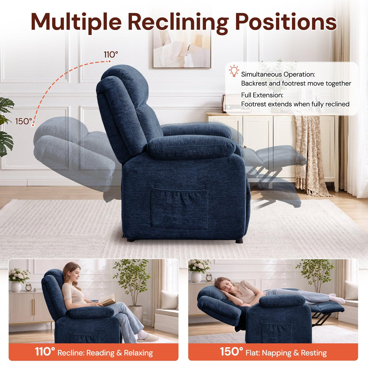 Korser Power Recliner Chair for Adults, Oversized Electric Recliner with Thickened Cushions, Reclining Chair for Bedroom, Living Room Chairs with Side Pockets, Chenille