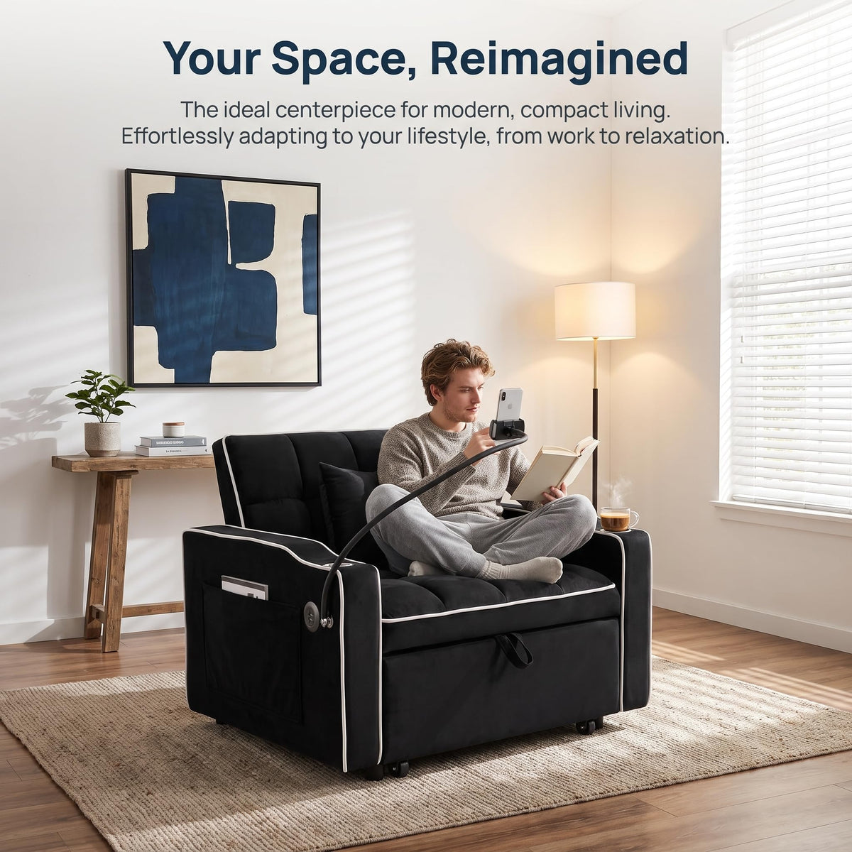 Convertible Sleeper Chair, Pull Out Sofa Bed with Adjustable Backrest & Hidden Storage Armrest, Single Sofa Recliner with USB Charging Port & Cup Holders for Living Room, Bedroom, Dark Gray