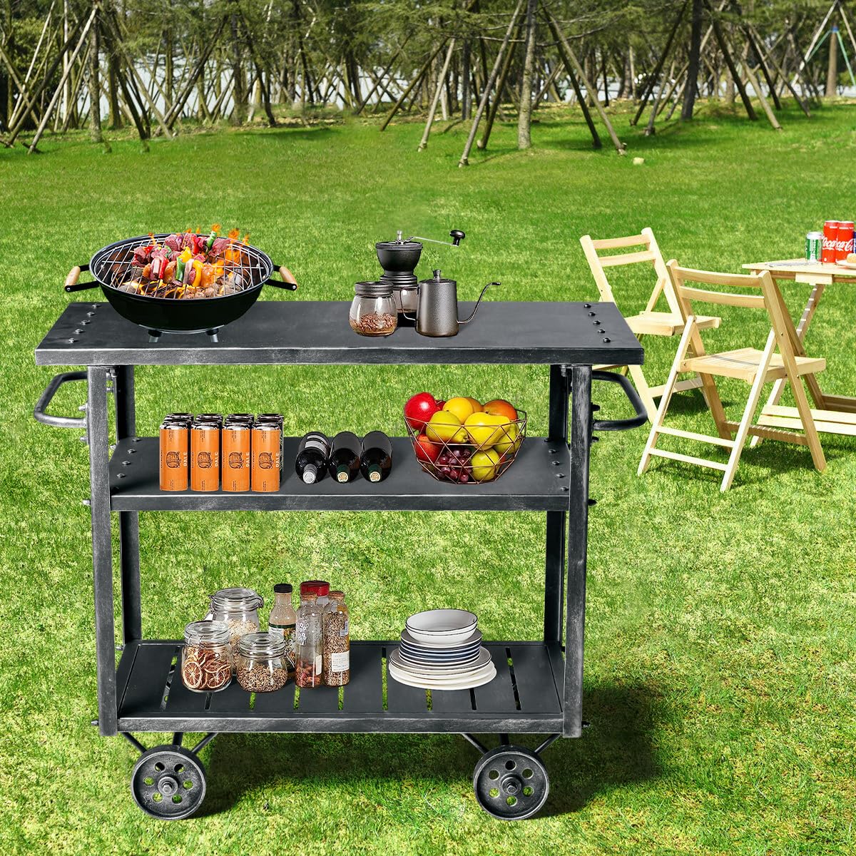 Industrial 3 Tier Rolling Utility Storage Cart Wine Beverage, Metal Wine Rack with Wheels Kitchen Bar Dining Room Tea Wine, Storage Cart with Wood