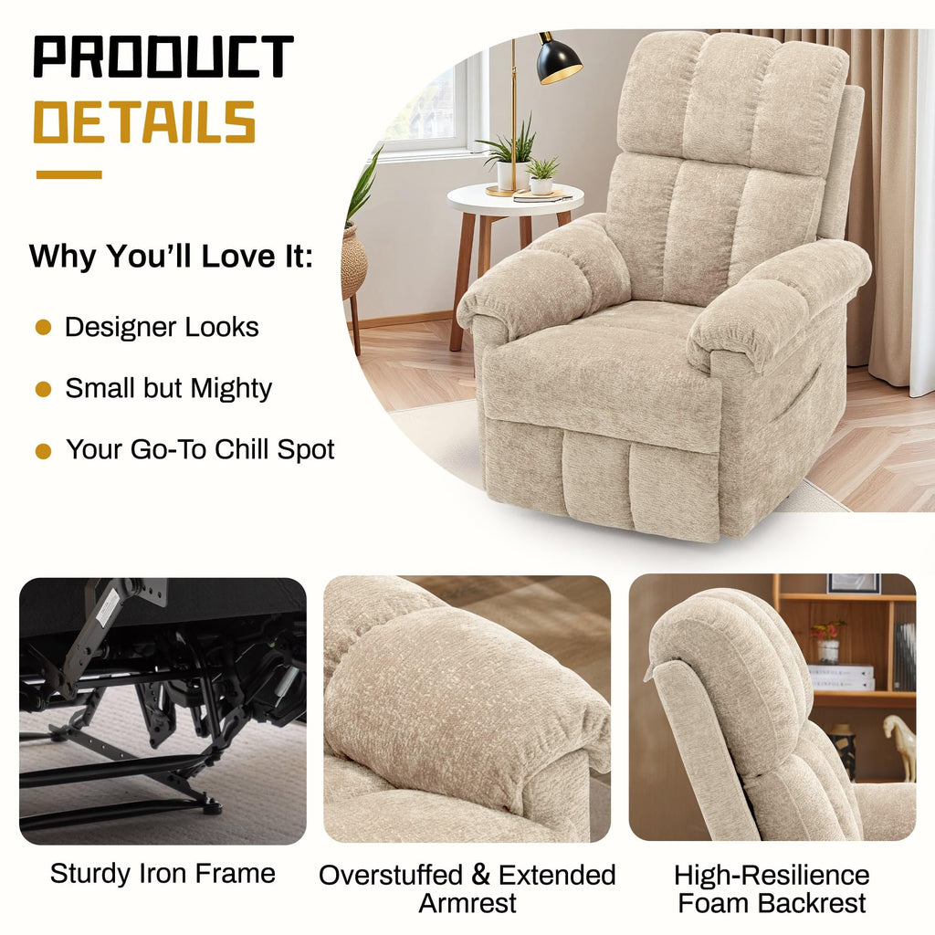 Korser Recliner Chair, Living Room Recliner Chairs for Adults, Small Recliners for Small Spaces, Upholstered Manual Recliner with Side Pockets, Comfy Nursery Chair for Living Room, Chenille, Beige