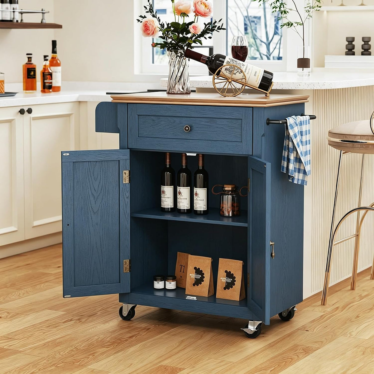 HLR 26'' Small Kitchen Island, Vintage Wood Kitchen Cart on Wheels, Blue