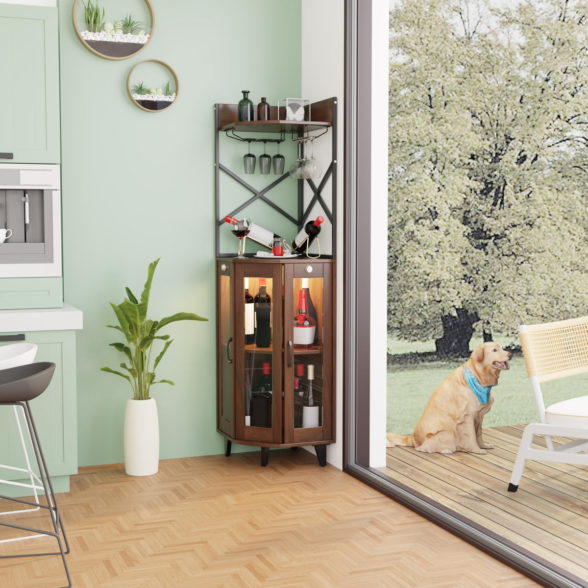 COCO DESIGN All Black Corner Wine Cabinet, Lockable Glass Door with Light