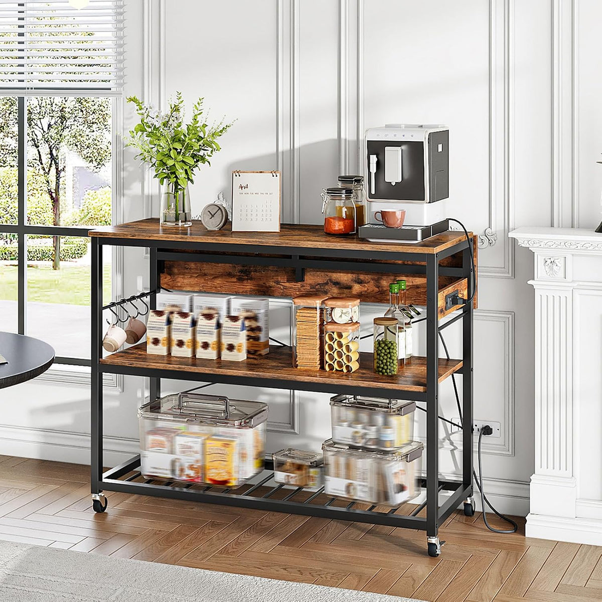 CHOEZON Kitchen Island with Power Outlet and Folding Top, Movable with 3-Tier Storage, Large Size, Wooden Shelves and Wine Rack, for Kitchen, Dining and Living Room, Rustic Brown and Black TZD02UBF