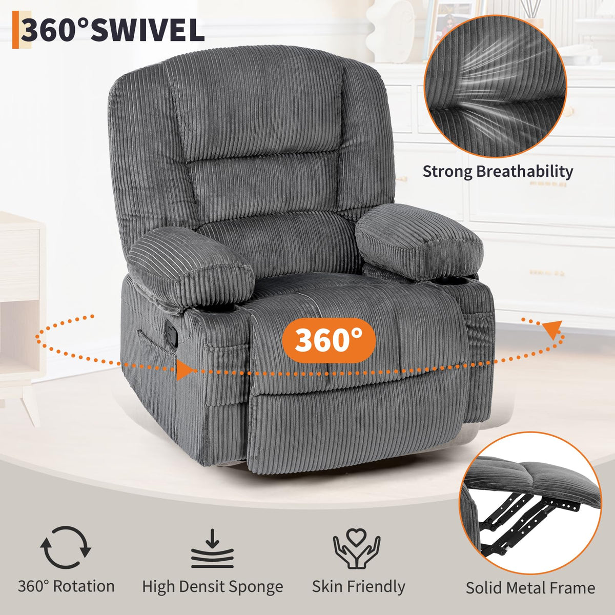 Garvee Oversized Recliner Chair,Extra Wide 360Â° Swivel Rocker Massage Heat