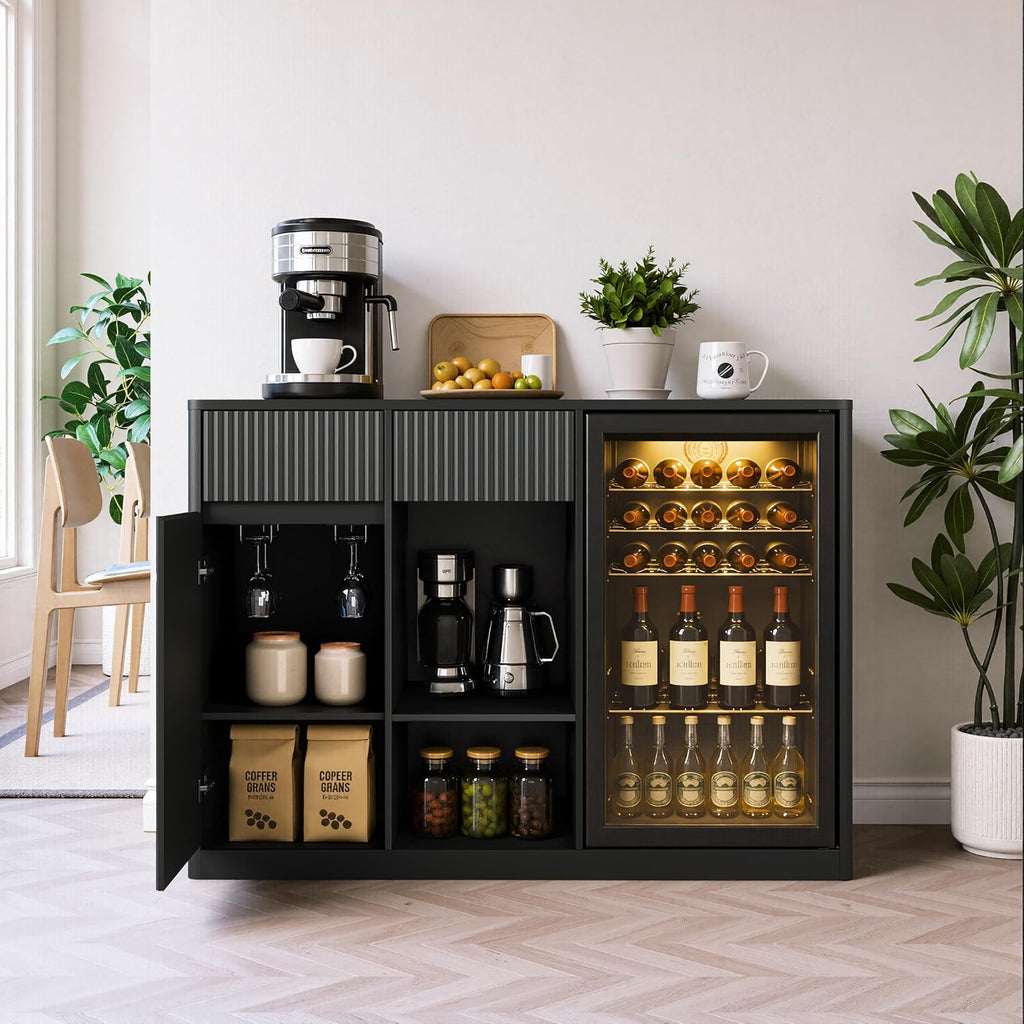 51" L Coffee Wine Bar Cabinet with Fridge Space, Charging Hub, Wine Rack