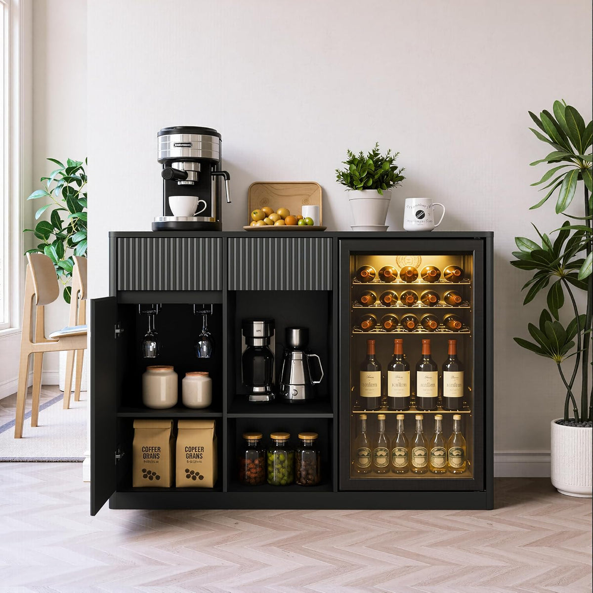 51" L Coffee Wine Bar Cabinet with Fridge Space, Charging Hub, Wine Rack