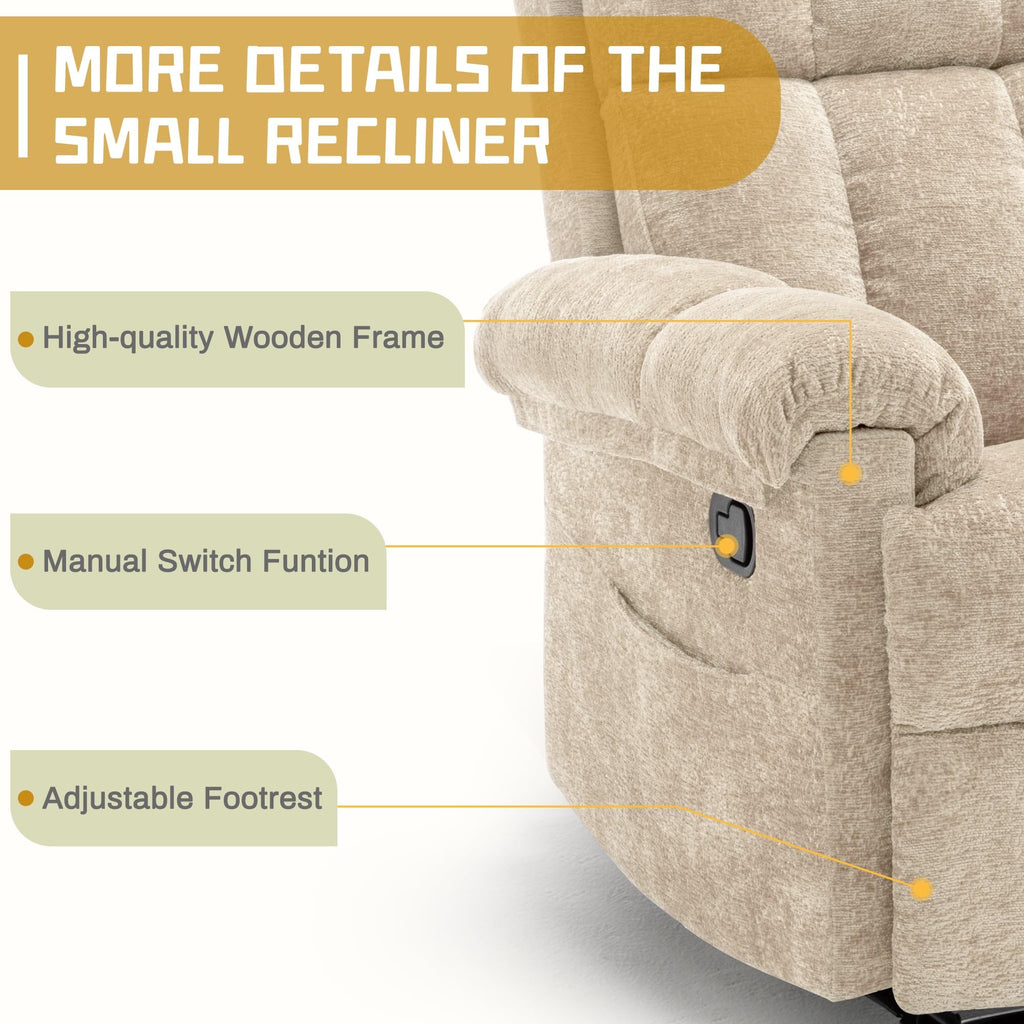 Korser Recliner Chair, Living Room Recliner Chairs for Adults, Small Recliners for Small Spaces, Upholstered Manual Recliner with Side Pockets, Comfy Nursery Chair for Living Room, Chenille, Beige