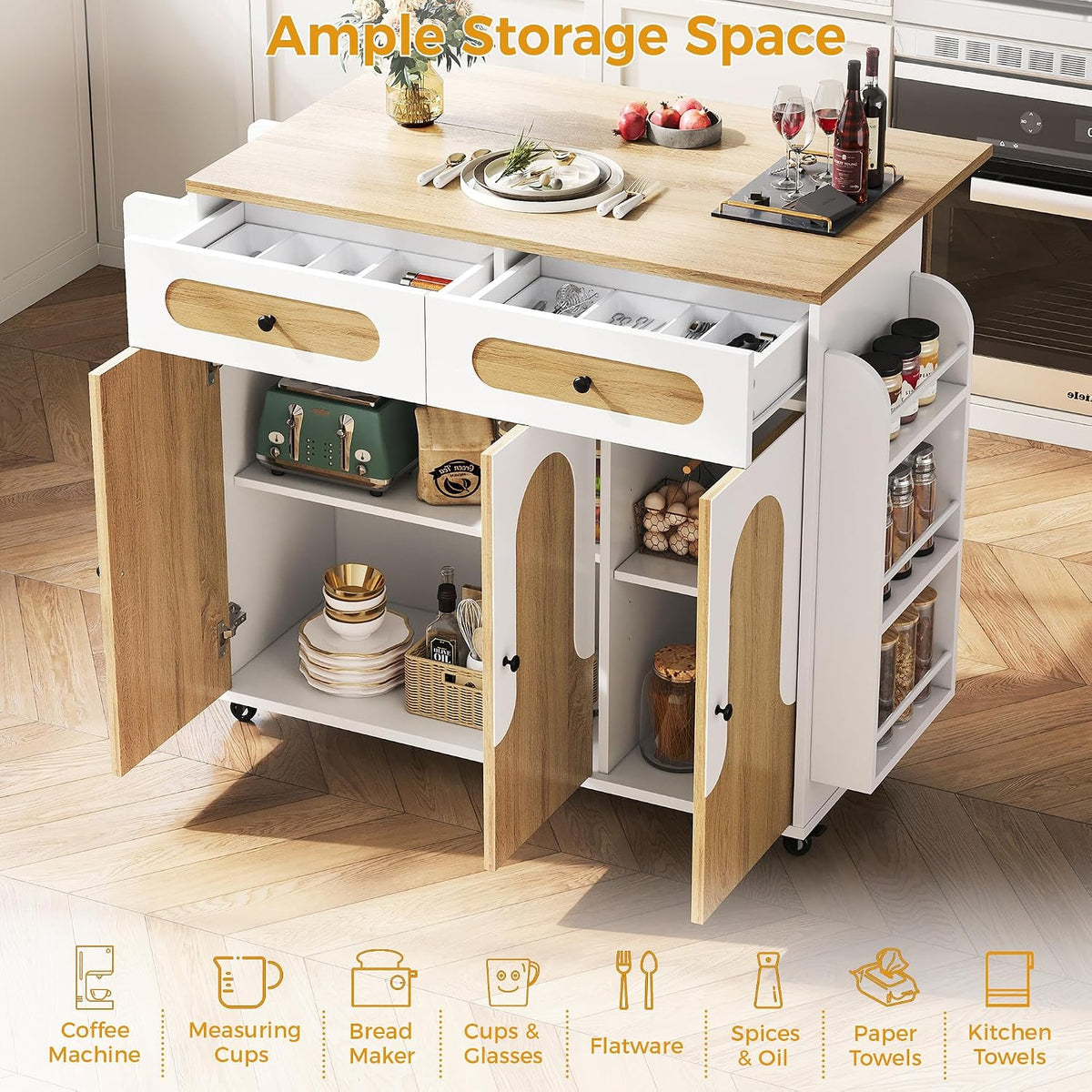 IRONCK 41.3" Kitchen Island Cart with Drop Leaf & Side Shelves, White