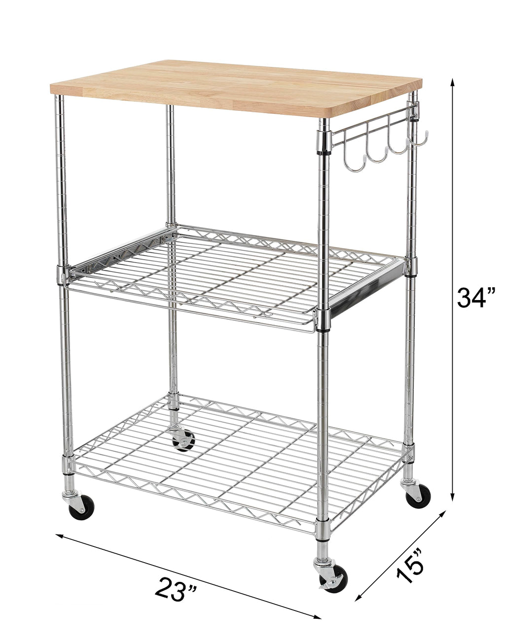 Finnhomy 3-Tier Rolling Kitchen Cart With 18" D x 30" W Oak Wood Tabletop, Kitchen Island With 4" Wheels and Slider Shelf, Microwave & Coffee Cart With Hooks for Dining Room, Chrome