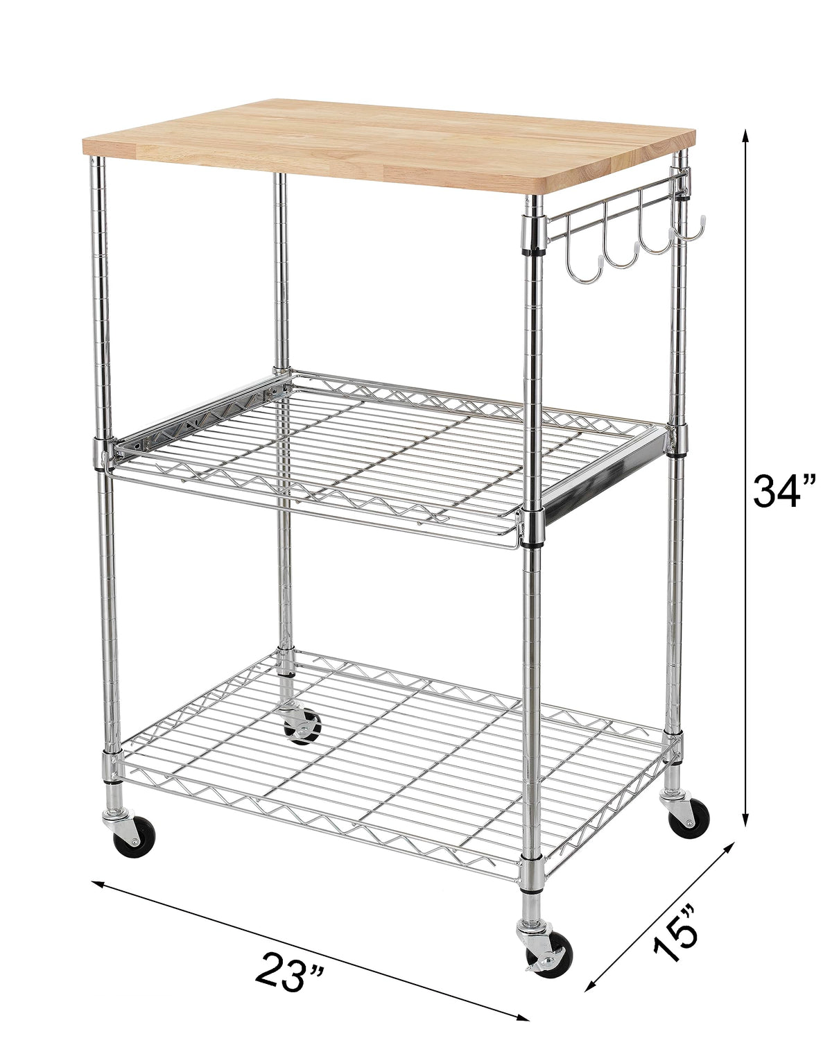 Finnhomy 3-Tier Rolling Kitchen Cart With 18" D x 30" W Oak Wood Tabletop, Kitchen Island With 4" Wheels and Slider Shelf, Microwave & Coffee Cart With Hooks for Dining Room, Chrome