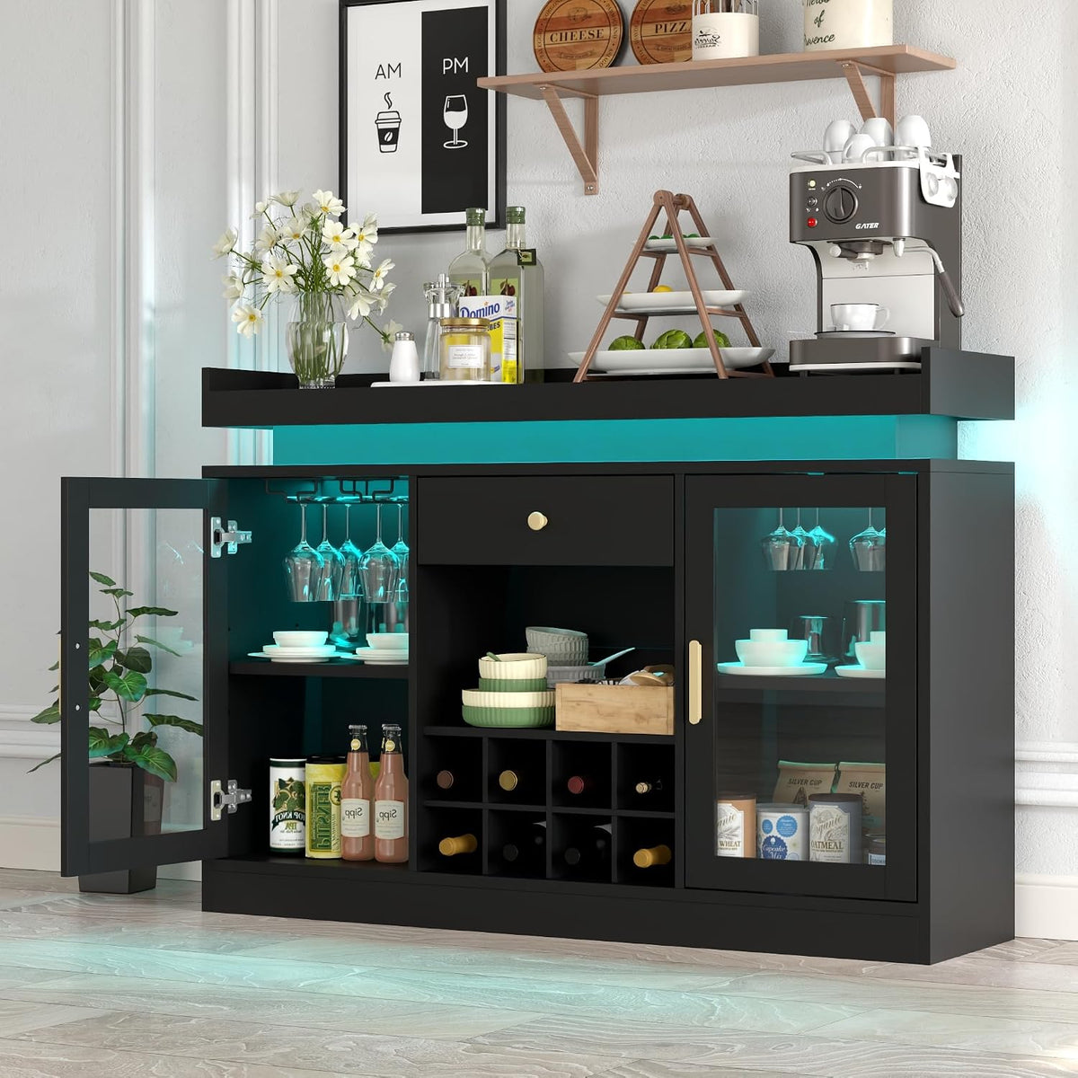 Wine Bar Cabinet with LED Light, Home Coffee Bar Cabinet w/ Wine&Glass Rack