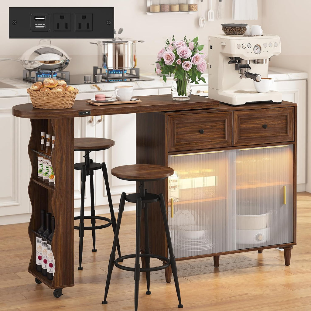 69" Kitchen Island with 360Â° Rotating Table,LED Lighting, Adjustable Shelves, Storage Cabinet & Power Outlet â Walnut Finish Extendable Dining Table for Kitchen, Dining Room, Bar