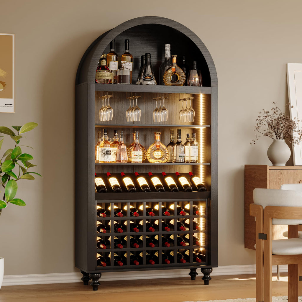 71" Tall Arched Wine Bar Cabinet with Wine Racks & Glass Holder, Wide Liquor Cabinets with LED Lights & Charing Ports, Kitchen Pantry Cupboard, Coffee Bar Storage Cabinet for Home, Dining Room (Oak)