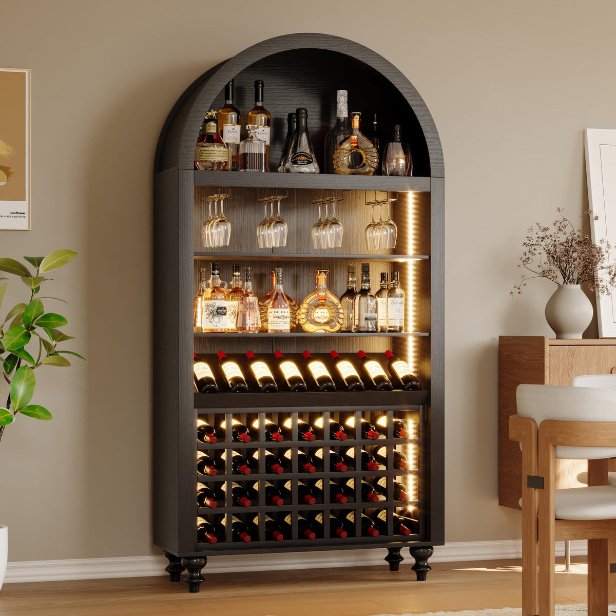 71" Tall Arched Wine Bar Cabinet with Wine Racks & Glass Holder, Wide Liquor Cabinets with LED Lights & Charing Ports, Kitchen Pantry Cupboard, Coffee Bar Storage Cabinet for Home, Dining Room (Oak)