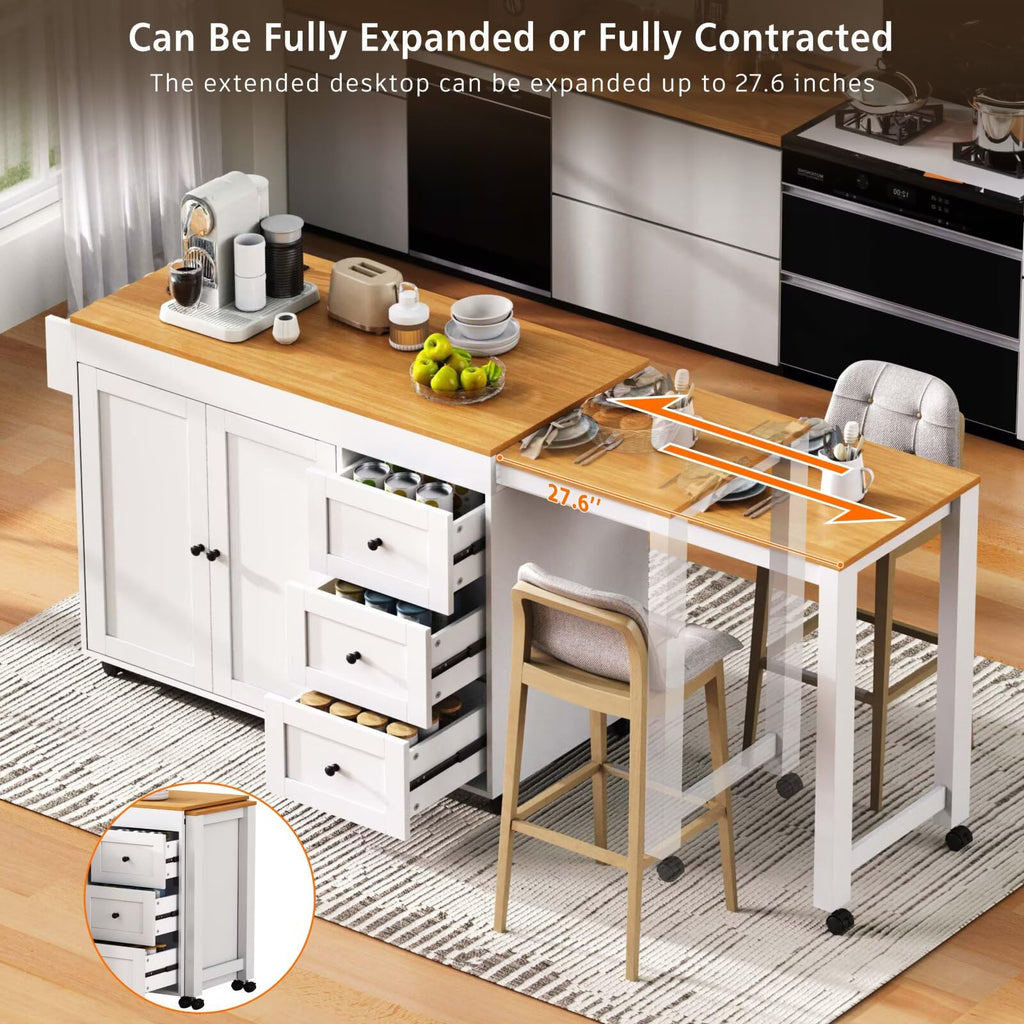 Large Kitchen Island with Extended Dining Table and Power Outlet, Rolling Kitchen Storage Cart with 3 Drawers, Kitchen Island on Wheels with Spice Rack and 2 Door Cabinet, Black