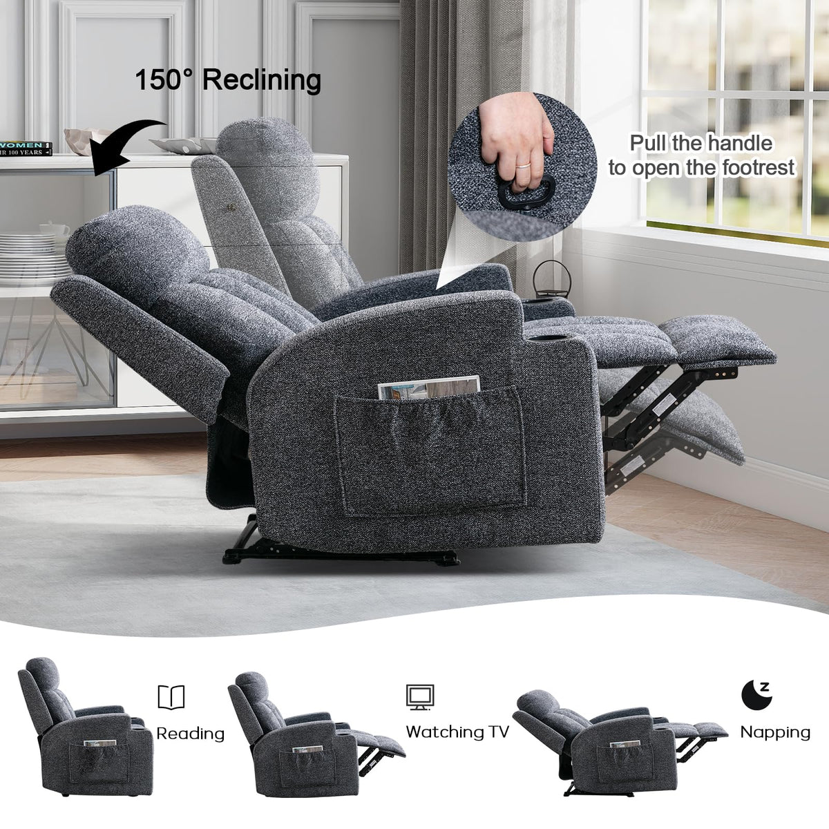 CANMOV Manual Recliner Chair with Massage and Heat, Soft Fabric Recliner Chair with Overstuffed Arm and Back, Manual Reclining Single Sofa with 2 Cup Holders, Side Pocket for Living Room, Dark Grey