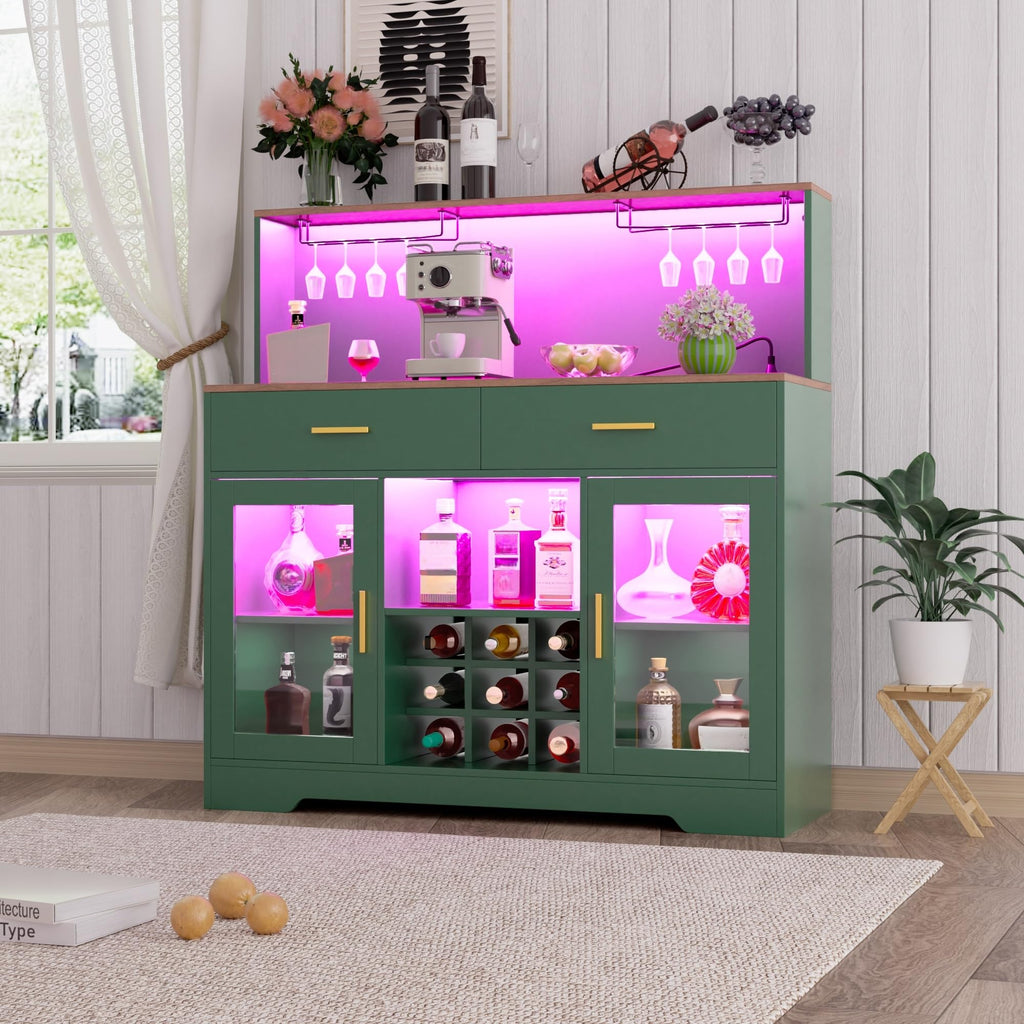 Wine Bar Cabinet with LED Lights, Liquor Cabinet for Home, Coffee Bar Cabinet with Wine Rack and Glass Holder, Black Home Bar Cabinets, Kitchen Buffet Sideboard for Living Room, Dining Room