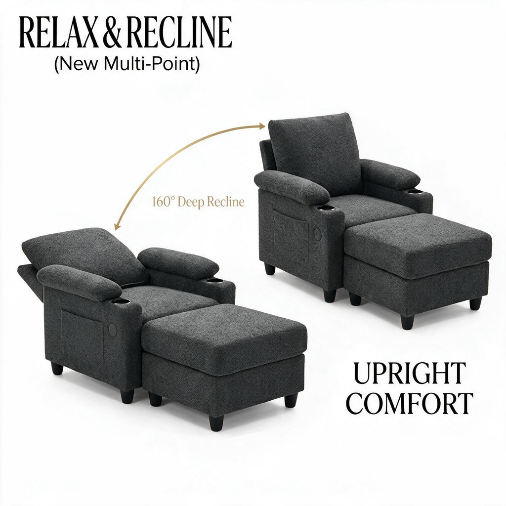 Convertible Sleeper Chair, Pull Out Sofa Bed with Adjustable Backrest & Hidden Storage Armrest, Single Sofa Recliner with USB Charging Port & Cup Holders for Living Room, Bedroom, Dark Gray