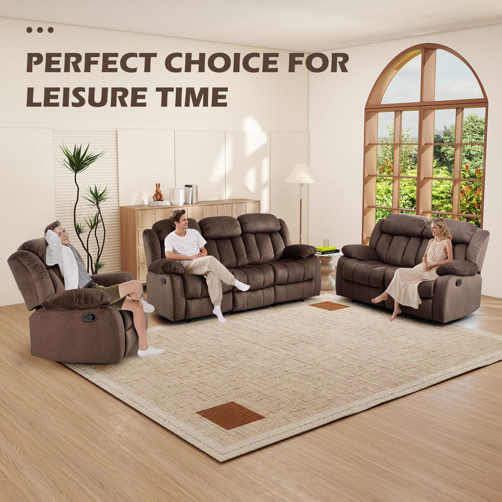 INZOY Manual Recliner Chair with Padded Armrest, Wall-Hugger Single Sofa Recliners with Overstuffed Back, Classical Fabric Reclining Chairs for Living Room Theater Seating, Brown