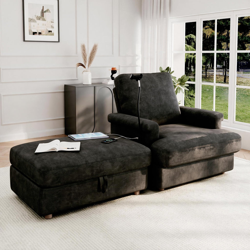 EJUNQ 66.5" Oversized Chaise Lounge Chair Indoorï¼Cozy Sofa Bed with Phone Holder and USB Chargerï¼Upholstered Deep Seat Sleeper Sofa Bedï¼Comfy Single Sofa Armchair for Living Room, Grey