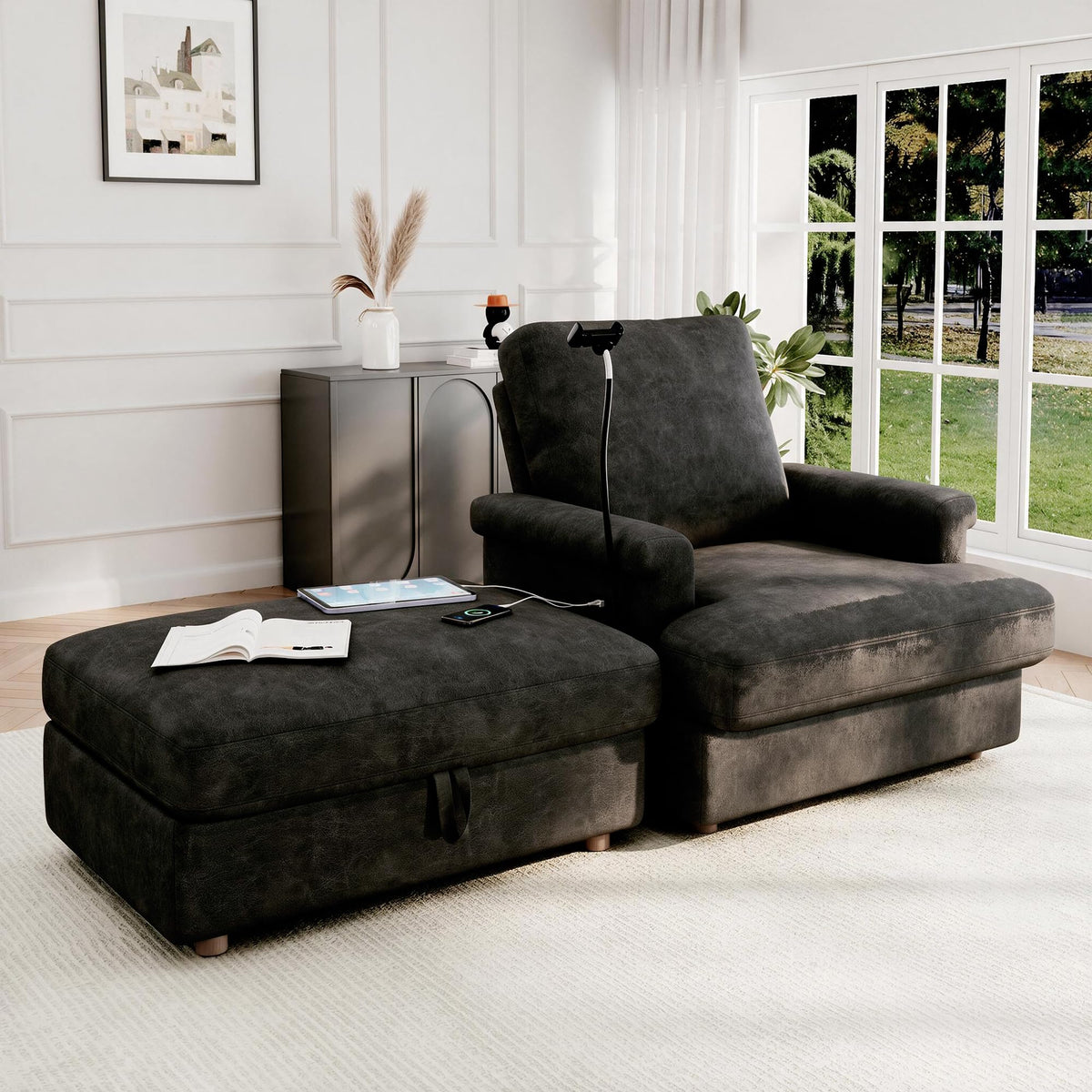EJUNQ 66.5" Oversized Chaise Lounge Chair Indoorï¼Cozy Sofa Bed with Phone Holder and USB Chargerï¼Upholstered Deep Seat Sleeper Sofa Bedï¼Comfy Single Sofa Armchair for Living Room, Grey