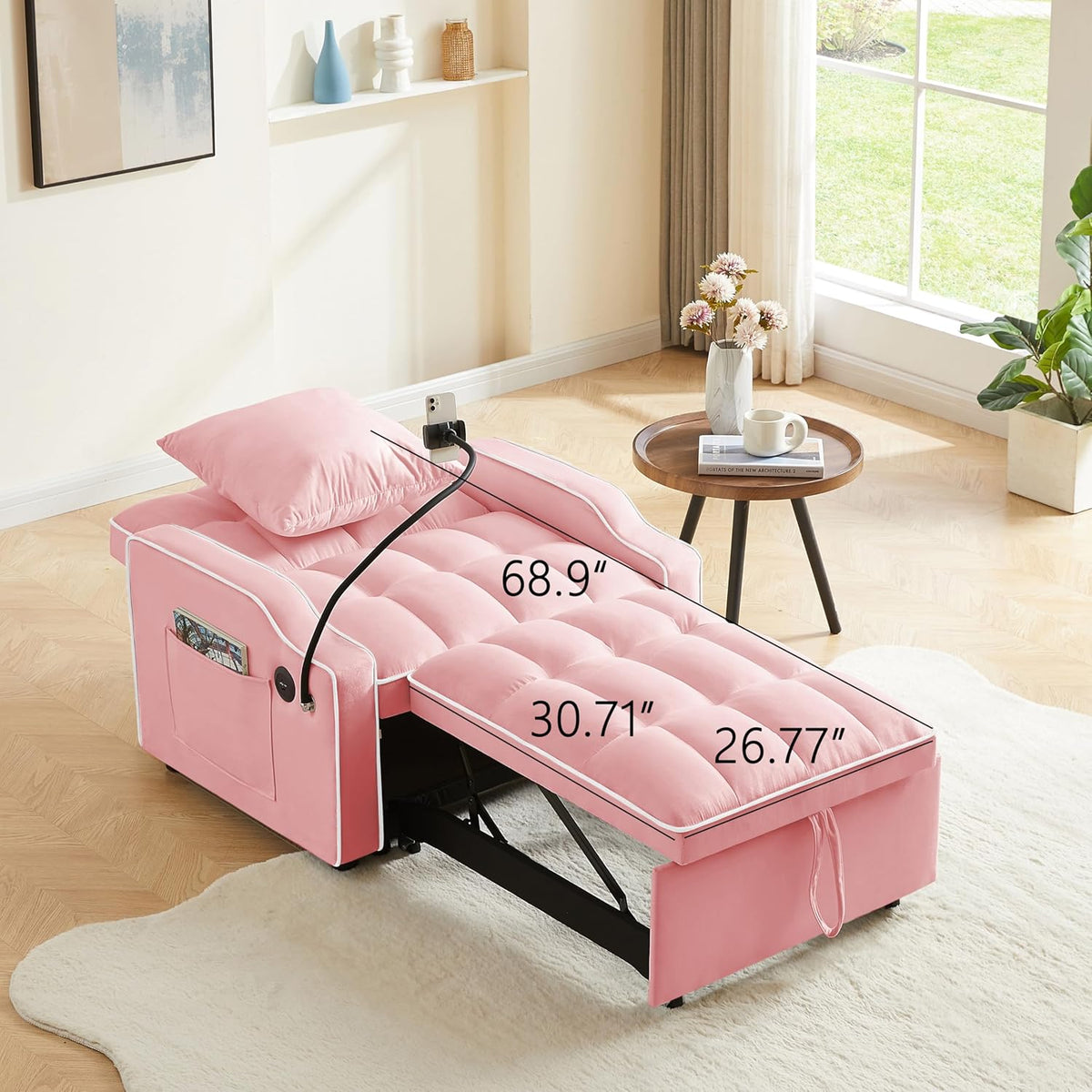 mikibama Pull Out Chair Bed Tufted, Convertible Sleeper Chairs with Storage Pocket & Cupholder & Phone Holder,3-in-1 Reclining Single Sofa Couch Bed for Adults Small Spaces (Pink, 33.85")