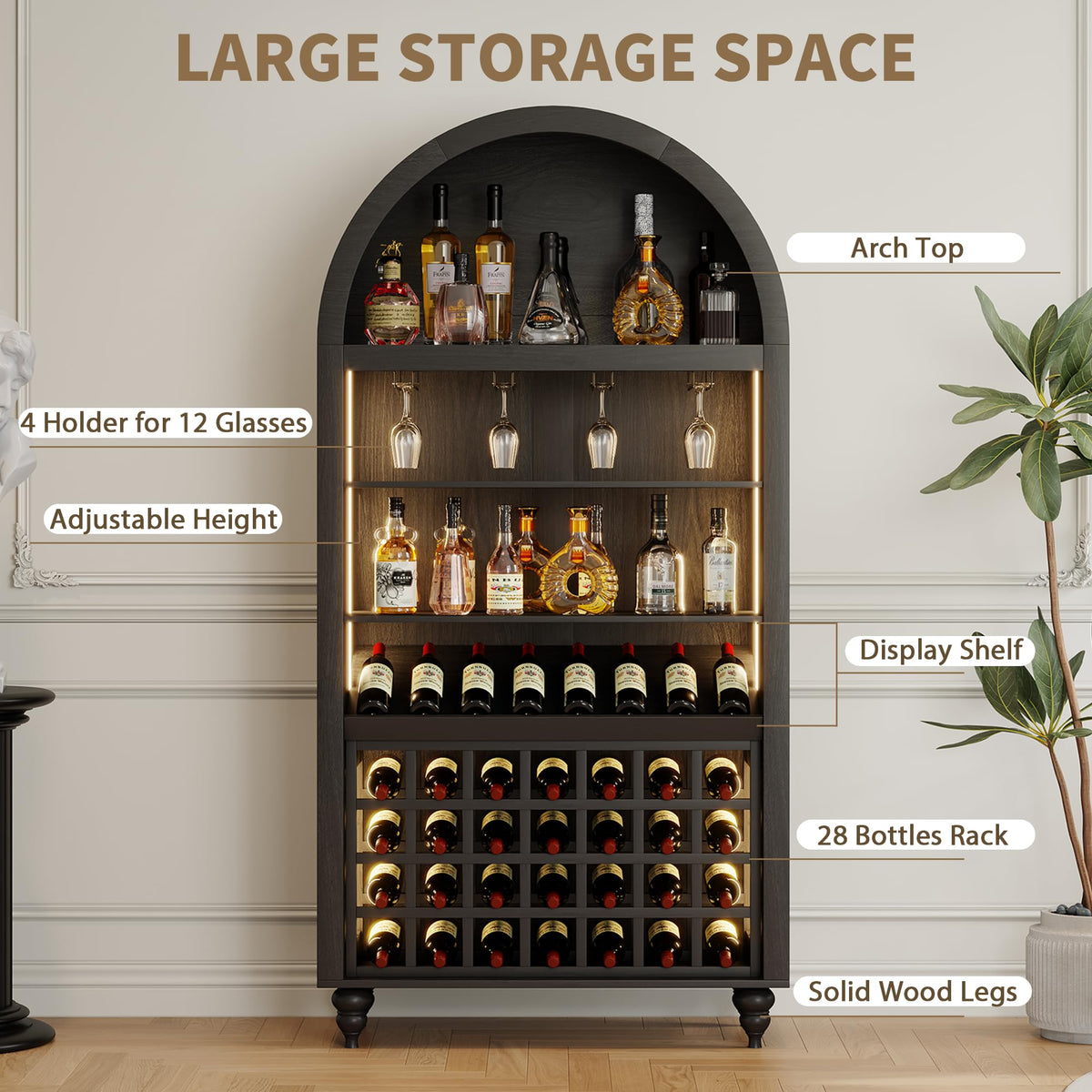 71" Tall Arched Wine Bar Cabinet with Wine Racks & Glass Holder, Wide Liquor Cabinets with LED Lights & Charing Ports, Kitchen Pantry Cupboard, Coffee Bar Storage Cabinet for Home, Dining Room (Oak)