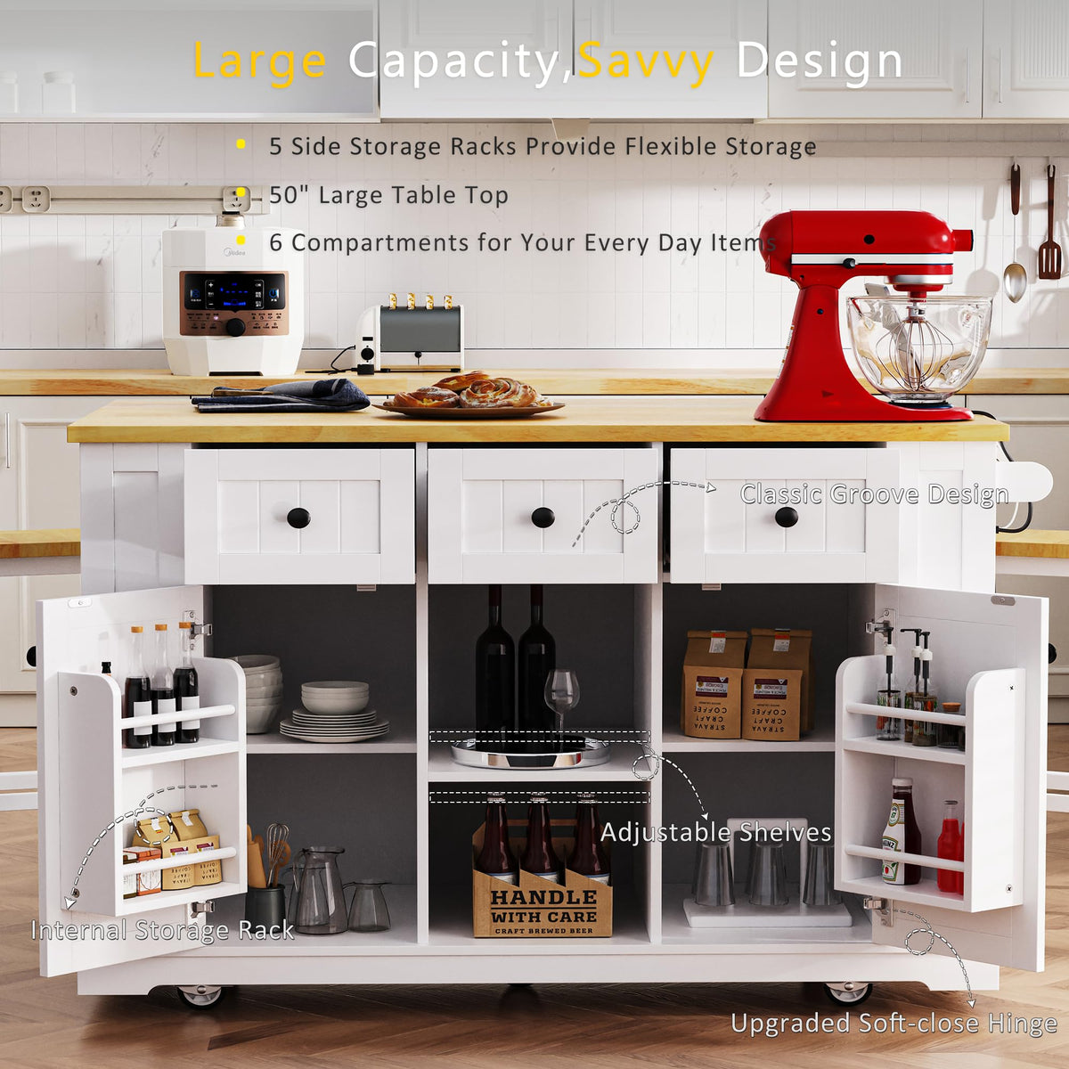 53" Large Kitchen Island with Drop Leaf & Power Outlet, Rolling Kitchen Cart on 5 Wheels with Internal Door Storage Rack, 5 Open Side Racks, 3 Drawers, 2 Doors for Kitchen Dining Room