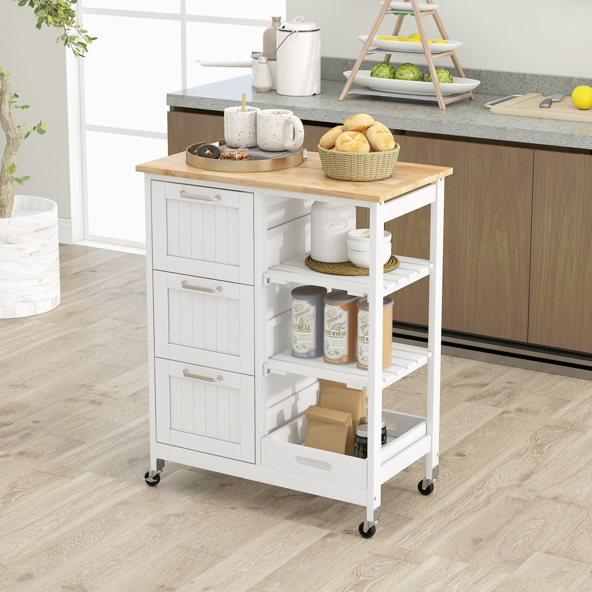 GOFLAME Kitchen Island Cart on Wheels with Storage, Versatile Rolling Cart with Wood Countertop, 3 Drawers, Removable Tray & Lockable Casters, Mobile Serving Trolley for Kitchen, Dining Room, Black