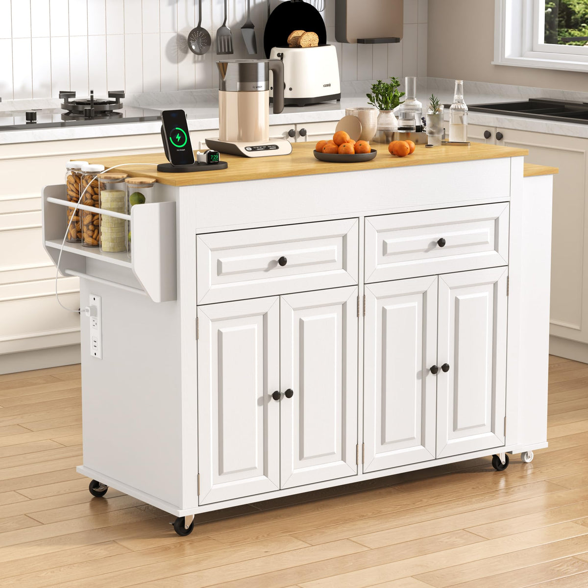 80"-48" Extendable Kitchen Island with Extended Dining Table and Power Outlet,Large Mobile Kitchen Storage Islands with 2 Storage Drawers,Rolling Islands Cart with 3 Extra Rows Open Shelves(Brown)