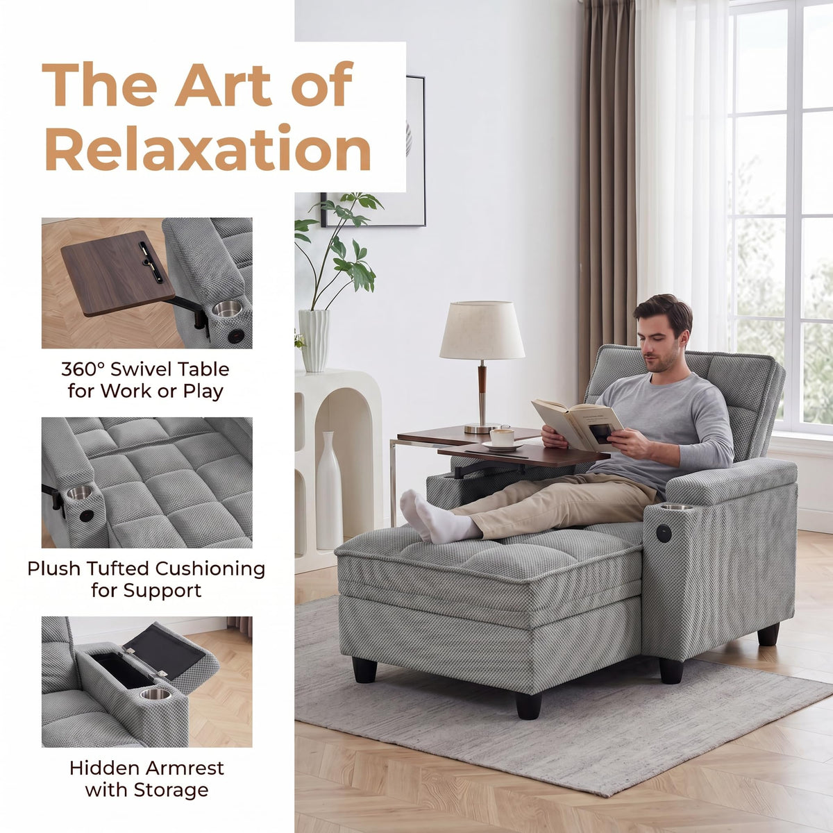 Convertible Sleeper Chair, Pull Out Sofa Bed with Adjustable Backrest & Hidden Storage Armrest, Single Sofa Recliner with USB Charging Port & Cup Holders for Living Room, Bedroom, Dark Gray