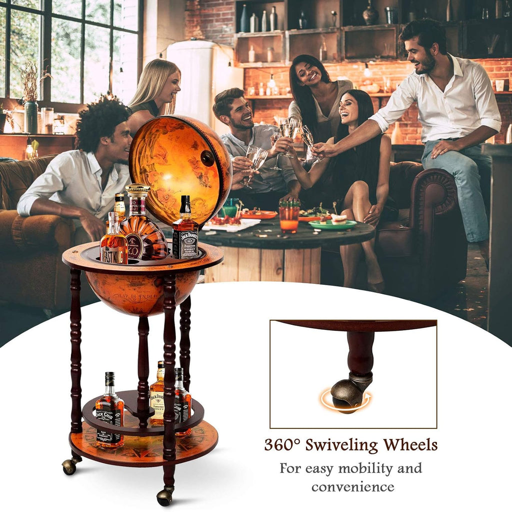 HAPPYGRILL Globe Bar, 17.5â Wine Bar Stand Italian Wooden Globe Wine Cart Liquor Bottle Shelf, 16th Century Retro Wine Cupboard with Wheels for Dining Room Living Room, Retro Brown