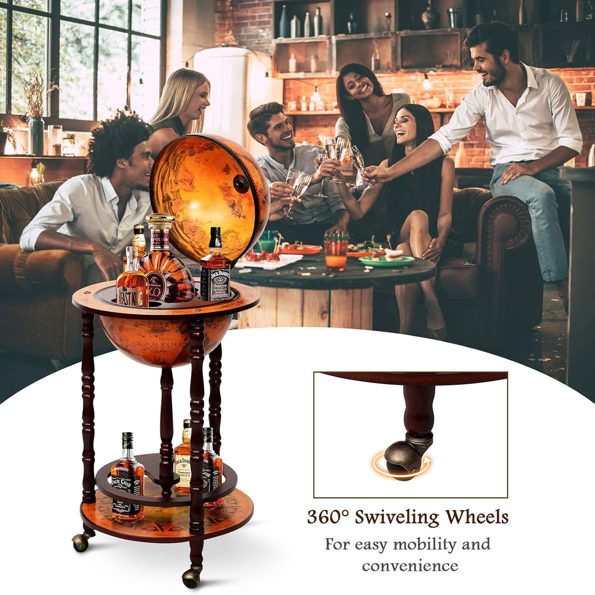 HAPPYGRILL Globe Bar, 17.5â Wine Bar Stand Italian Wooden Globe Wine Cart Liquor Bottle Shelf, 16th Century Retro Wine Cupboard with Wheels for Dining Room Living Room, Retro Brown