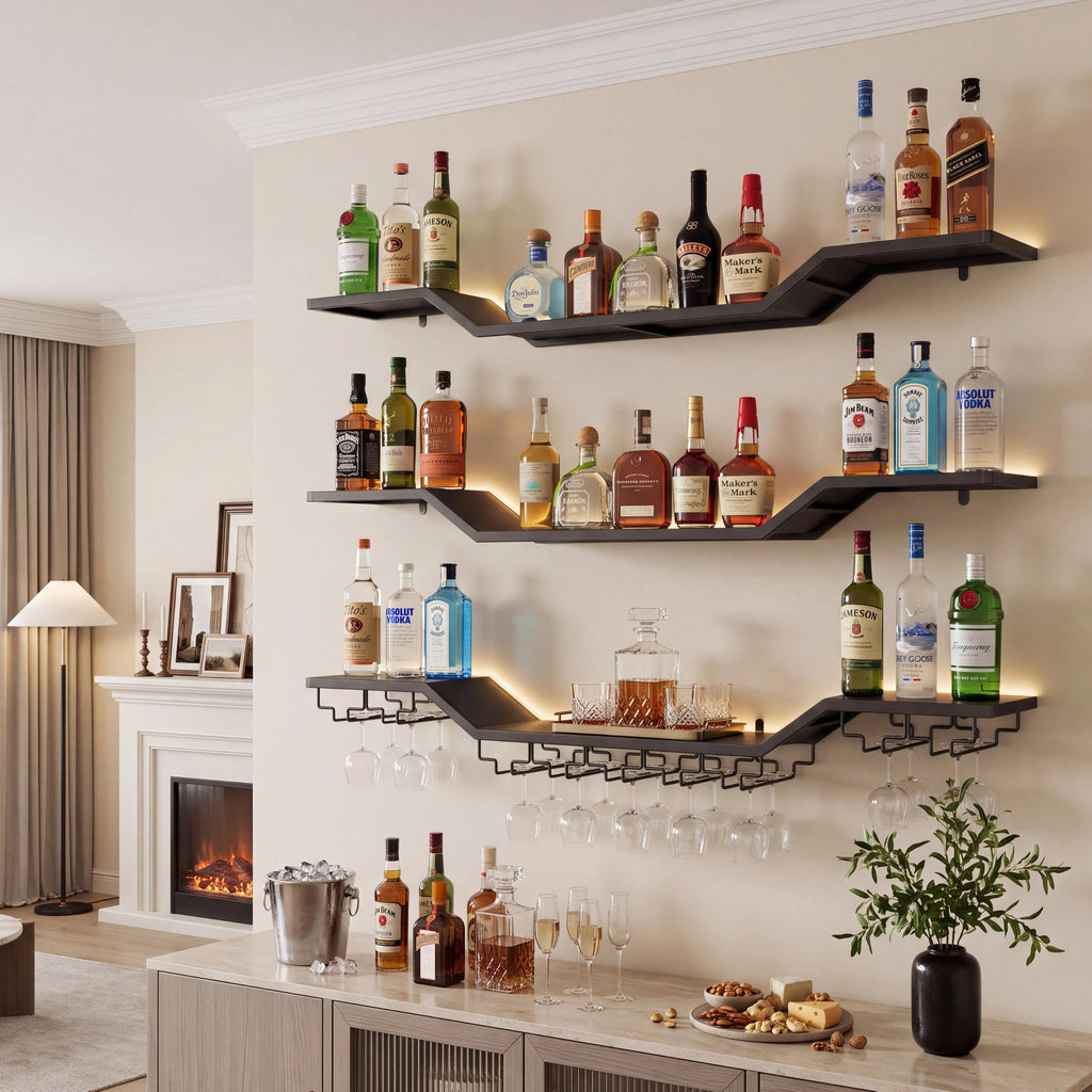 31.5" Wall Mounted Wine Rack with LED, 3-Tier Floating Bar Shelves