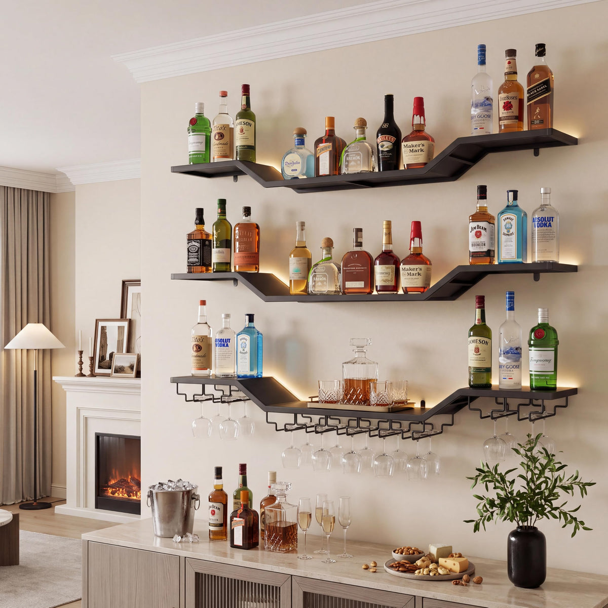 31.5" Wall Mounted Wine Rack with LED, 3-Tier Floating Bar Shelves