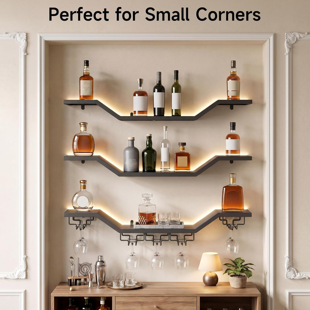 31.5" Wall Mounted Wine Rack with LED, 3-Tier Floating Bar Shelves