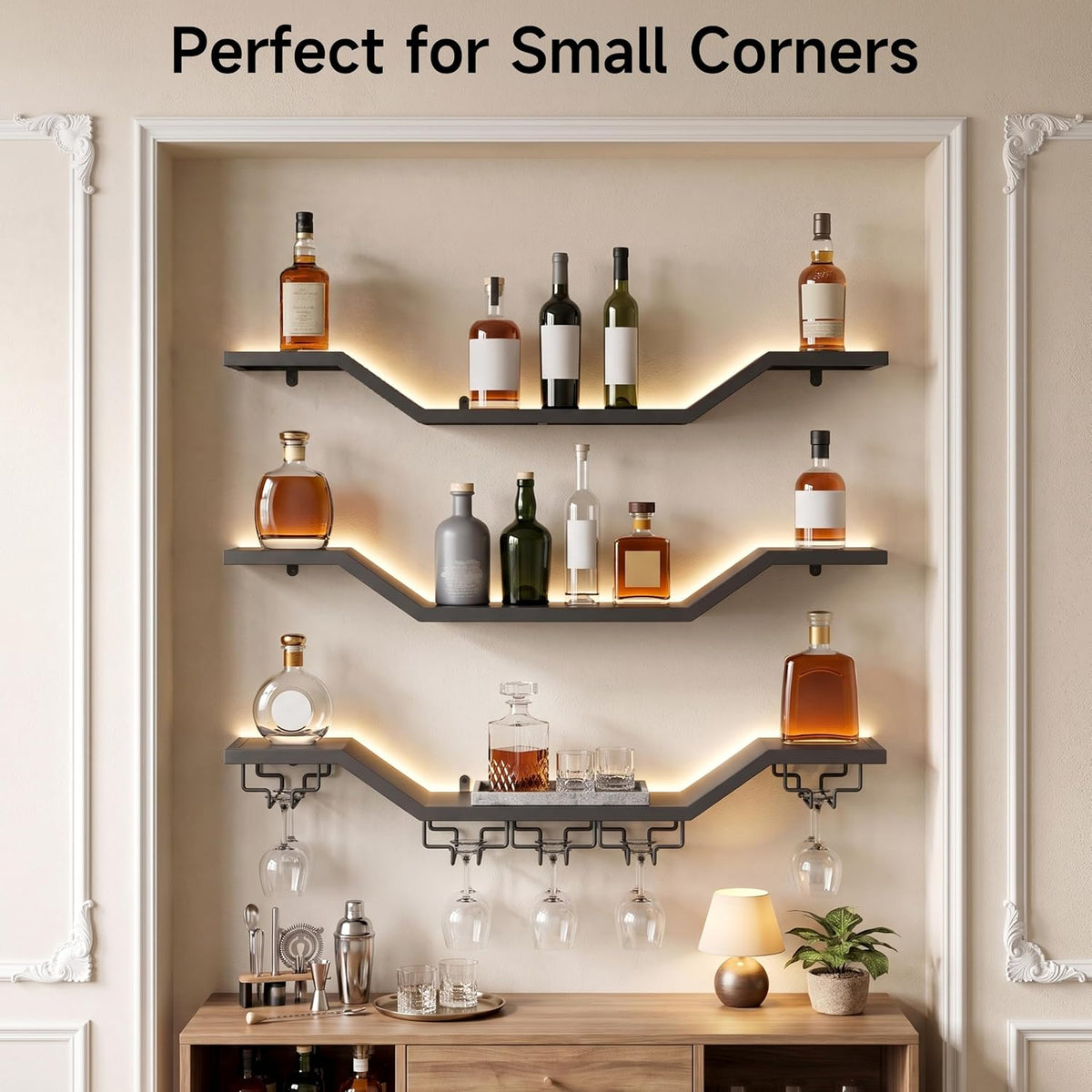 31.5" Wall Mounted Wine Rack with LED, 3-Tier Floating Bar Shelves