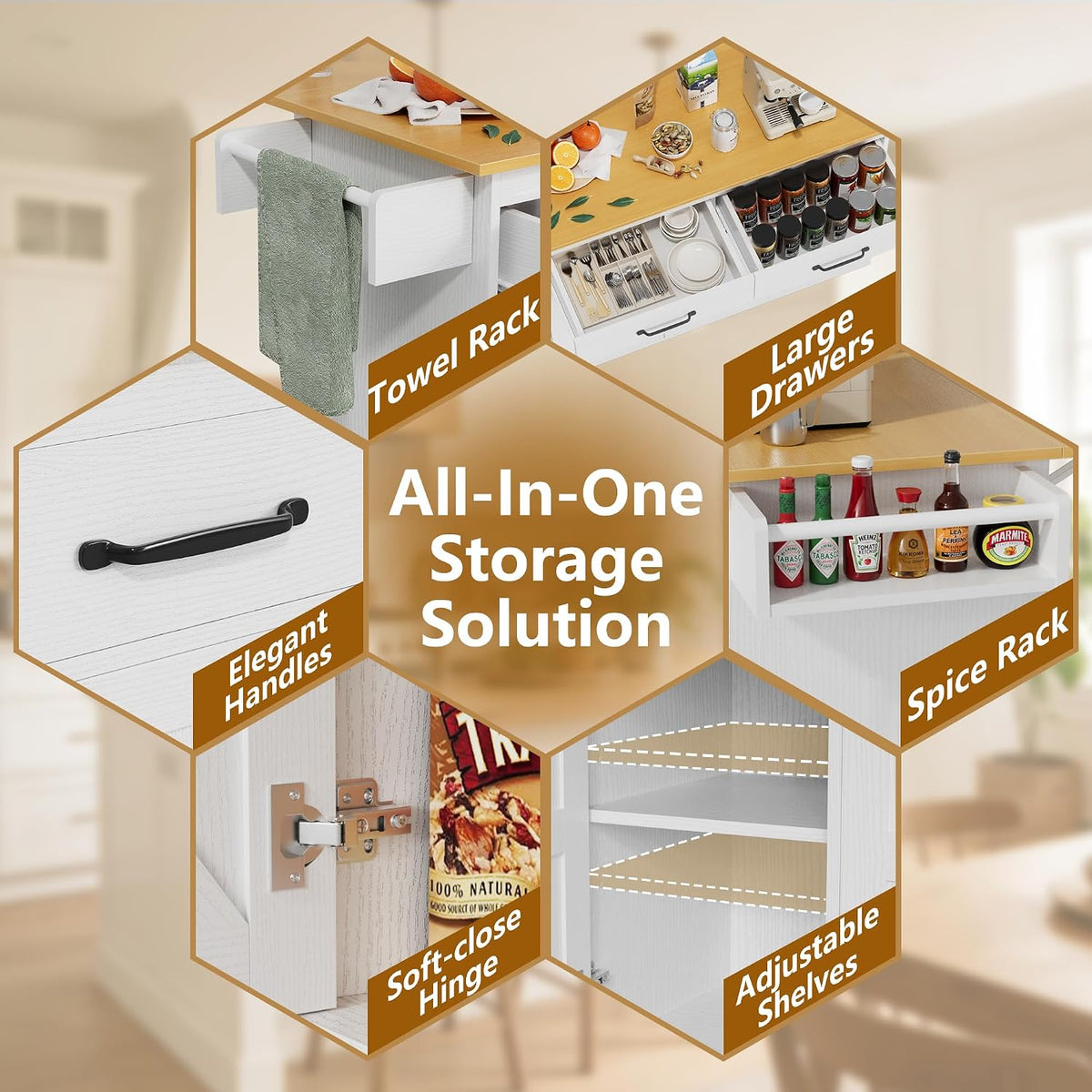 YESHOMY Kitchen Island on Wheels with Trash Cabinet, White & Brown