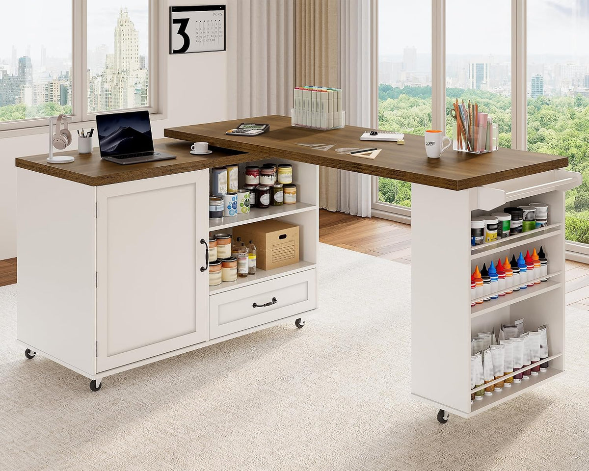 RALGEND Rolling Kitchen Island with 360Â° Swivel Tabletop, Large Kitchen Island Table with Power Outlet, Mobile Kitchen Island Cart with Storage Cabinets for Kitchen & Office, White and Walnut