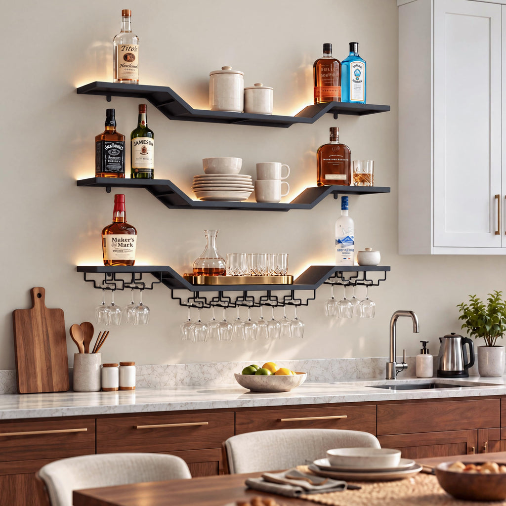 31.5" Wall Mounted Wine Rack with LED, 3-Tier Floating Bar Shelves
