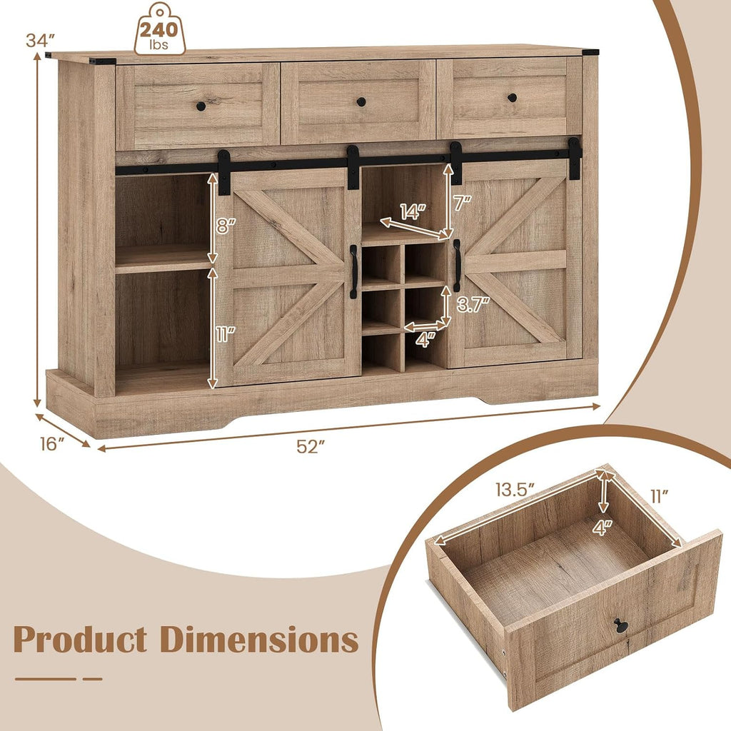 GIANTEX Wine Bar Cabinet with LED Lights, 52" Buffet Sideboard w/Sliding Barn Door, 3 Drawer, Adjustable Shelf, 12 Bottle Wine Rack & Glass Holder, Farmhouse Coffee Station for Living Room