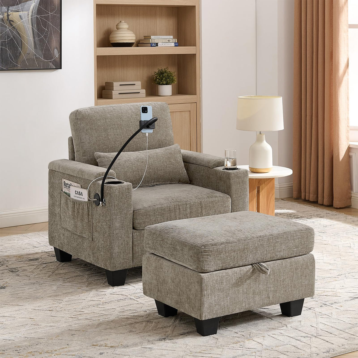 Oversized Chaise Lounge Chair Indoor, Single Convertible Recliner Reading Arm Sofa Chair W/Adjustable Backrest & Charging Port Couch Bed for Living Room, Home Theater & Bedroom, Brown