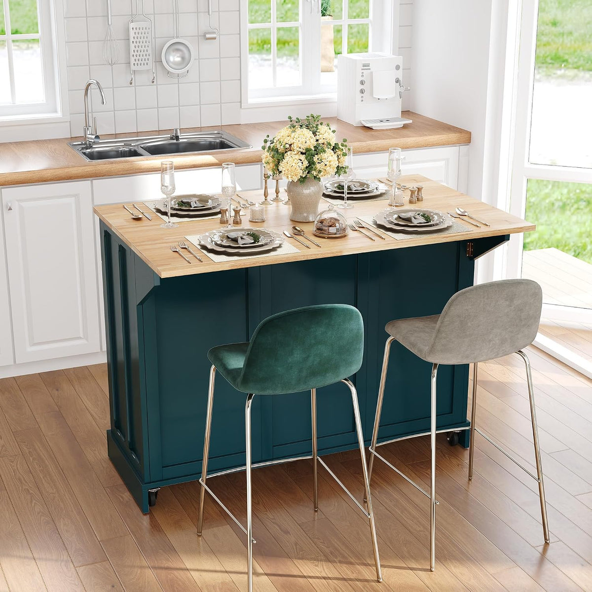 HLR Kitchen Island with Drop Leaf & Storage, Solid Rubber Wood Top Rolling Kitchen Cart with Carved Recessed Panel Doors, Large Mobile Island Table on Wheels for Kitchen, Dining Room (Green)