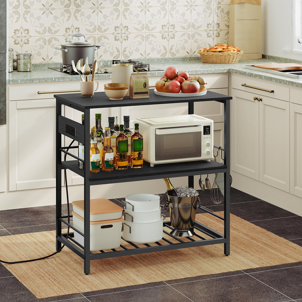 HOOBRO Kitchen Island with Storage, Kitchen Island Table with Power Outlet, 47.2" L 3 Tier Kitchen Counter and Microwave Stand, for Home, Kitchen and Dining Room, Rustic Brown and Black BF120UZD01