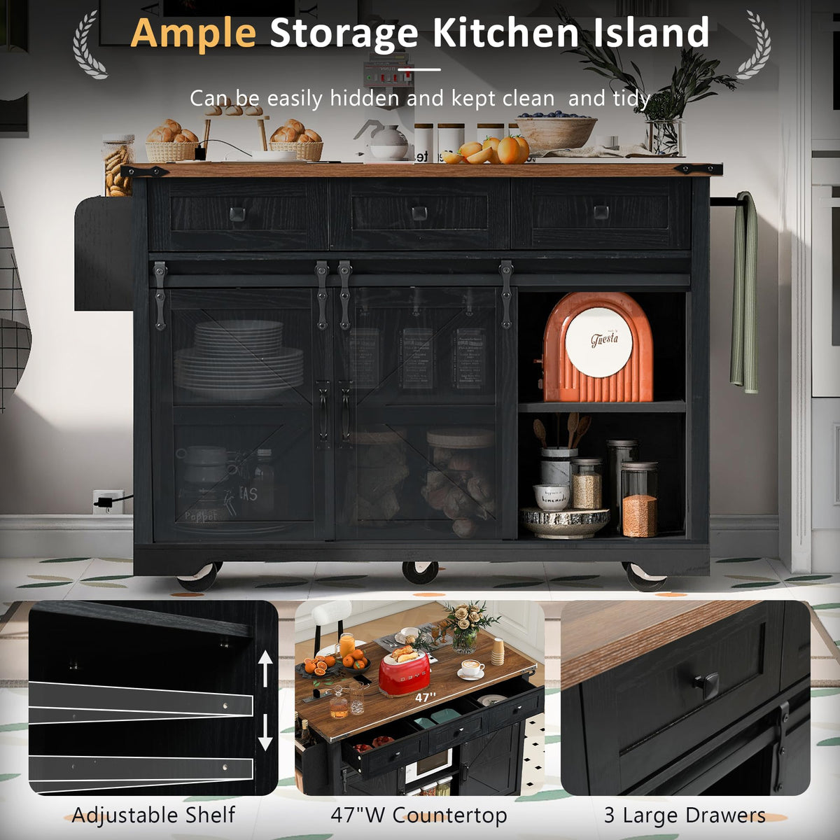 Ball & Cast Farmhouse Kitchen Island with Power Outlet,Dining Storage Island with Drop Leaf,Spice Rack and Drawer,Rolling Dining Cart on Wheels for Home,Kitchen,Dining Room,White,54"