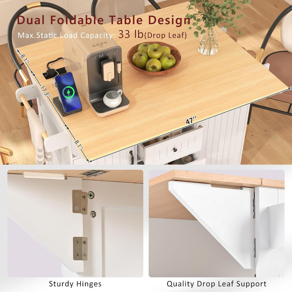 GDFStudio 55.7" Large Kitchen Island with 2 Drop Leaf,Rolling Kitchen Cart on 5 Wheels with Outlet, Folding Storage Dining Table with Spice & Towel Rack,3 Drawers,for Kitchen, Dining Room,White