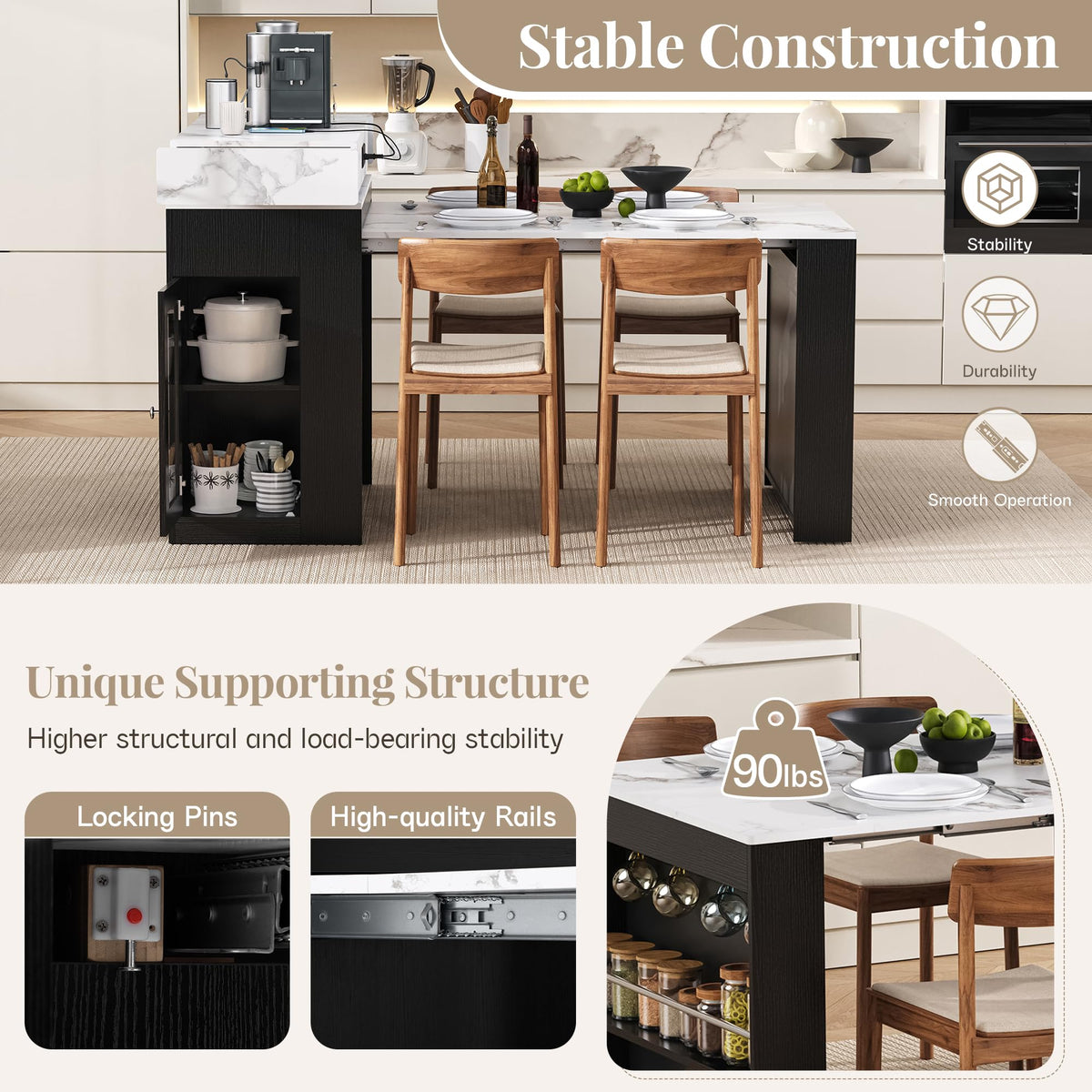 Extendable Dining Table with Folding Tabletop & Power Outlet, Modern Kitchen Island Sideboard with Wheels, Hidden Drawers & USB Charging, Sturdy Buffet Table for Small Spaces (Black)