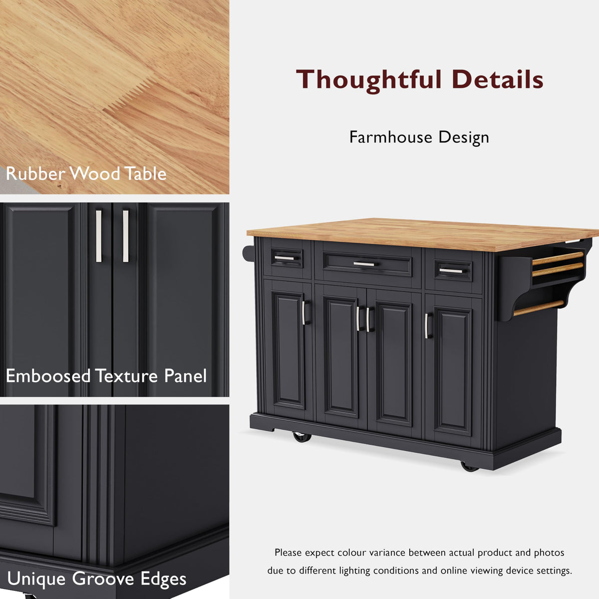 Merax 54" Large Kitchen Cart Island on Wheels with Drop Leaf,Adjustable Shelves,3 Drawers,Embossed Texture Design for Dining Room