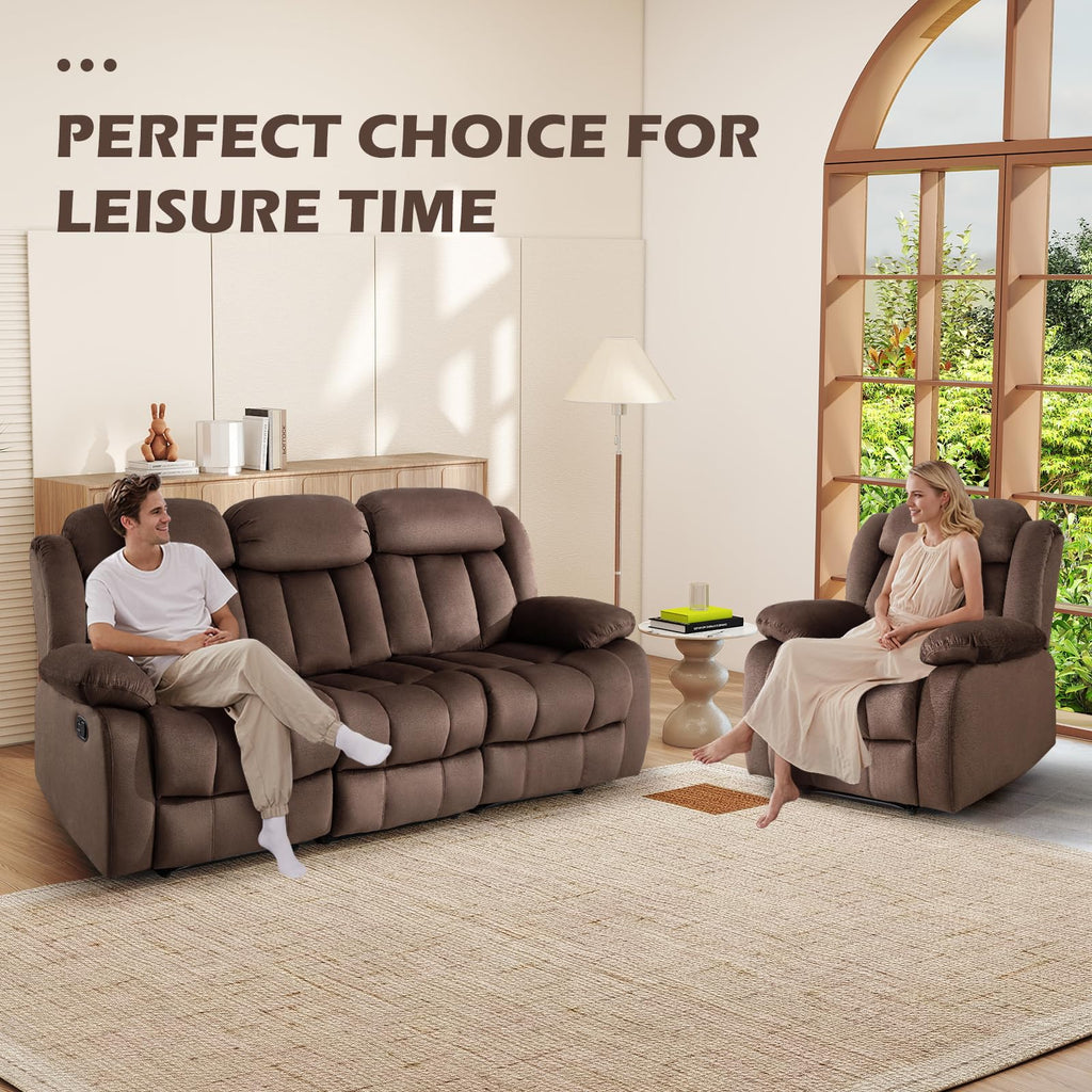 INZOY Manual Recliner Chair with Padded Armrest, Wall-Hugger Single Sofa Recliners with Overstuffed Back, Classical Fabric Reclining Chairs for Living Room Theater Seating, Brown